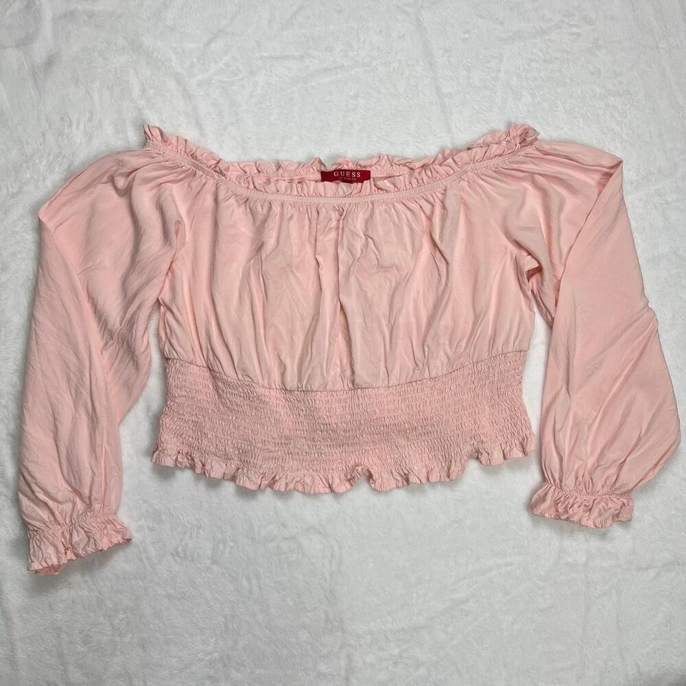 GUESS Women's Pink Off The Shoulder Crop Top Smocked Waist Long Sleeve Ruffle